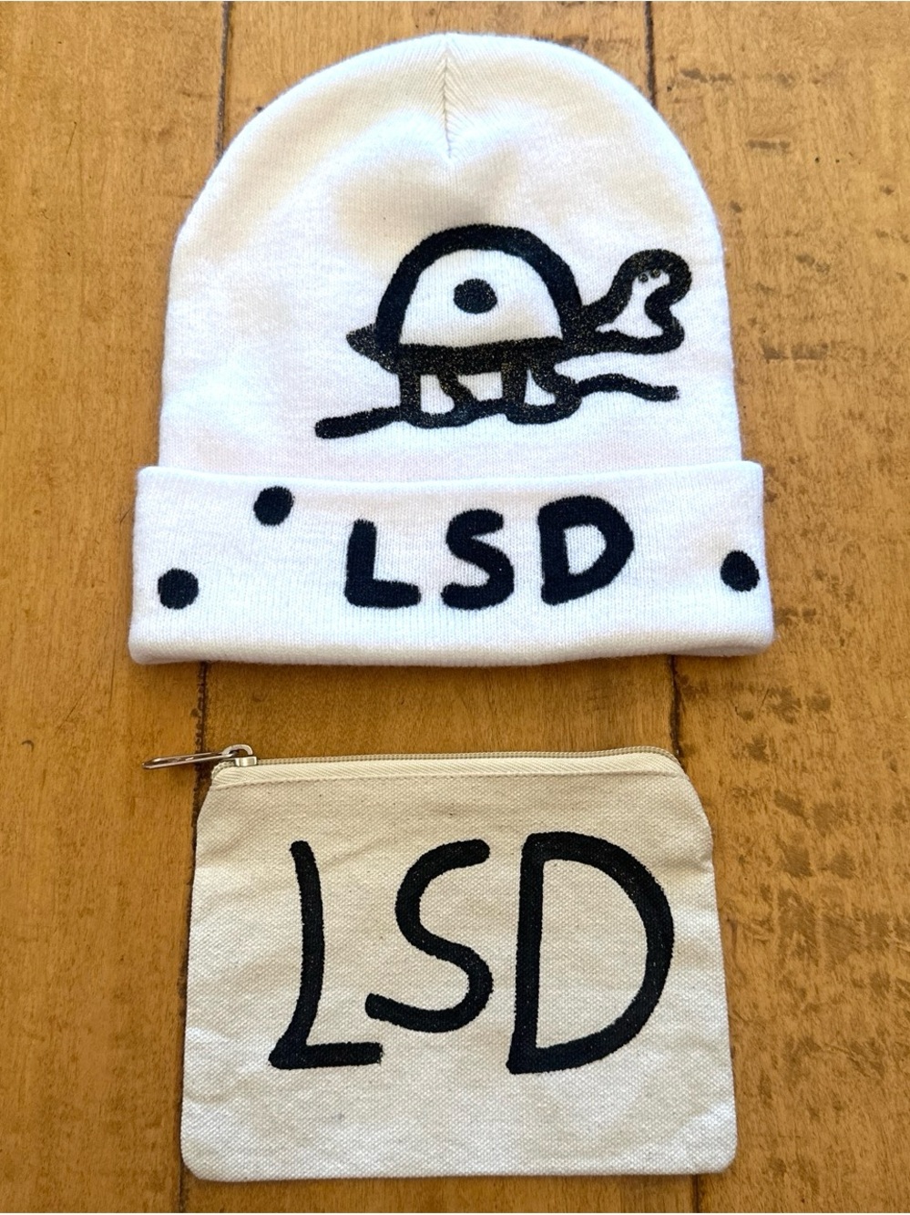 White Beanie and Pouch Set with Black Print